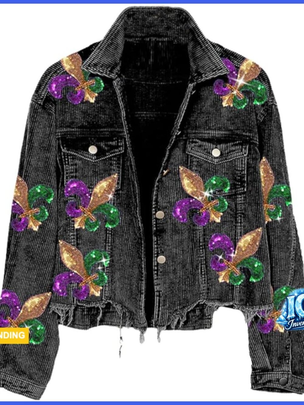 Sequin Embroidery Cropped Frayed Hem Vintage Washed Corduroy Jacket